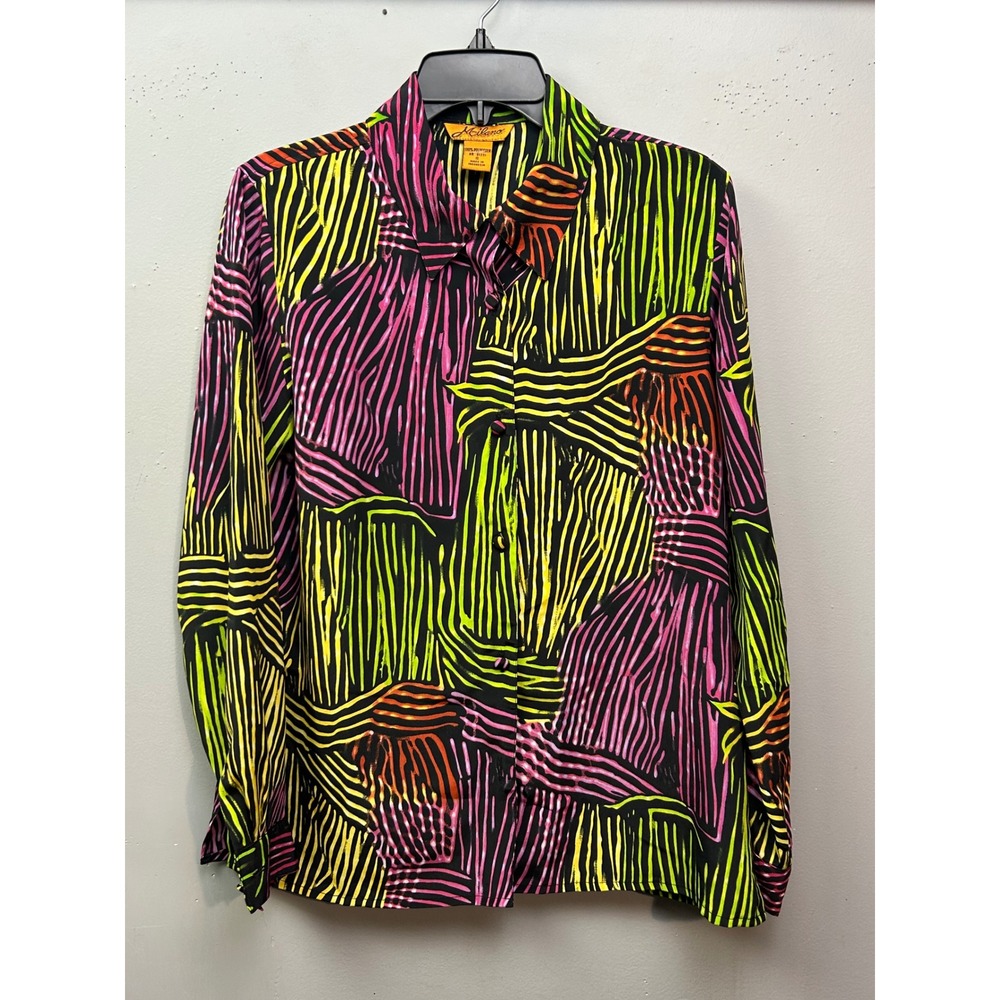 Milano Blouse Womens Small Black Multi Color Abstract Print Button Up Shirt